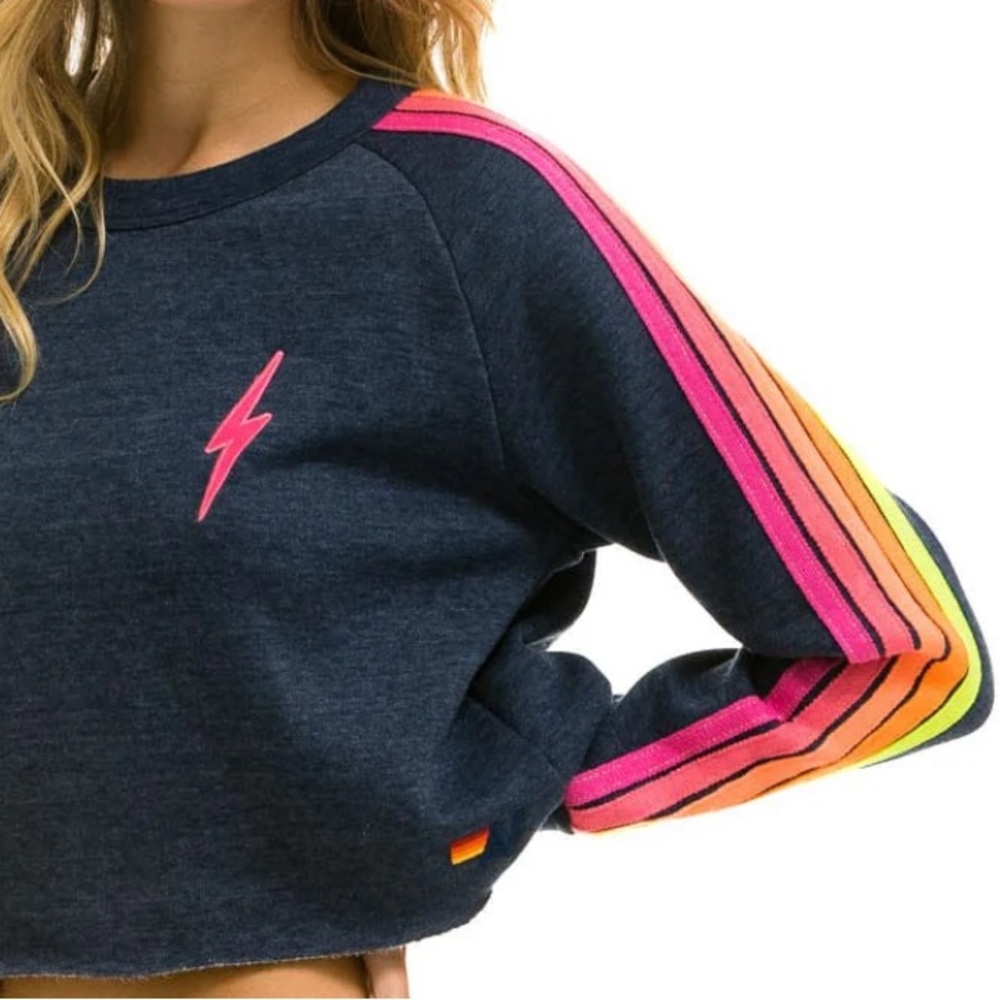 Aviator Nation BOLT CROPPED CREW SWEATSHIRT HEATHER NAVY NEON STRIPES Size Small